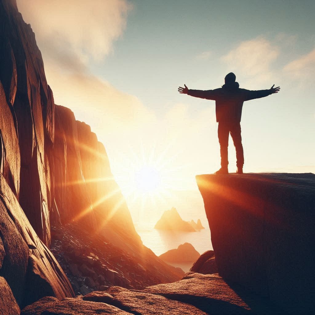 A person standing at sunrise with a wide view ahead