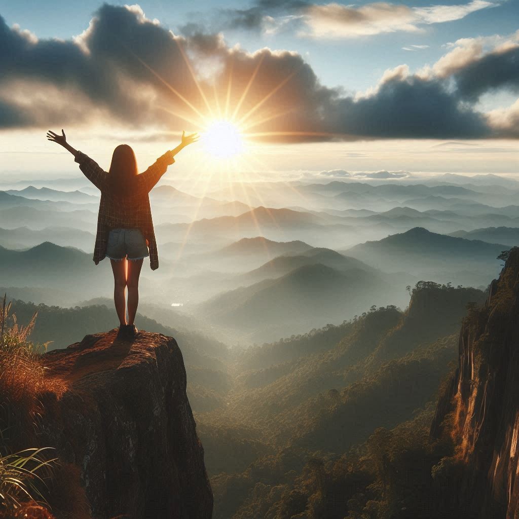A woman standing in morning light with her arms raised