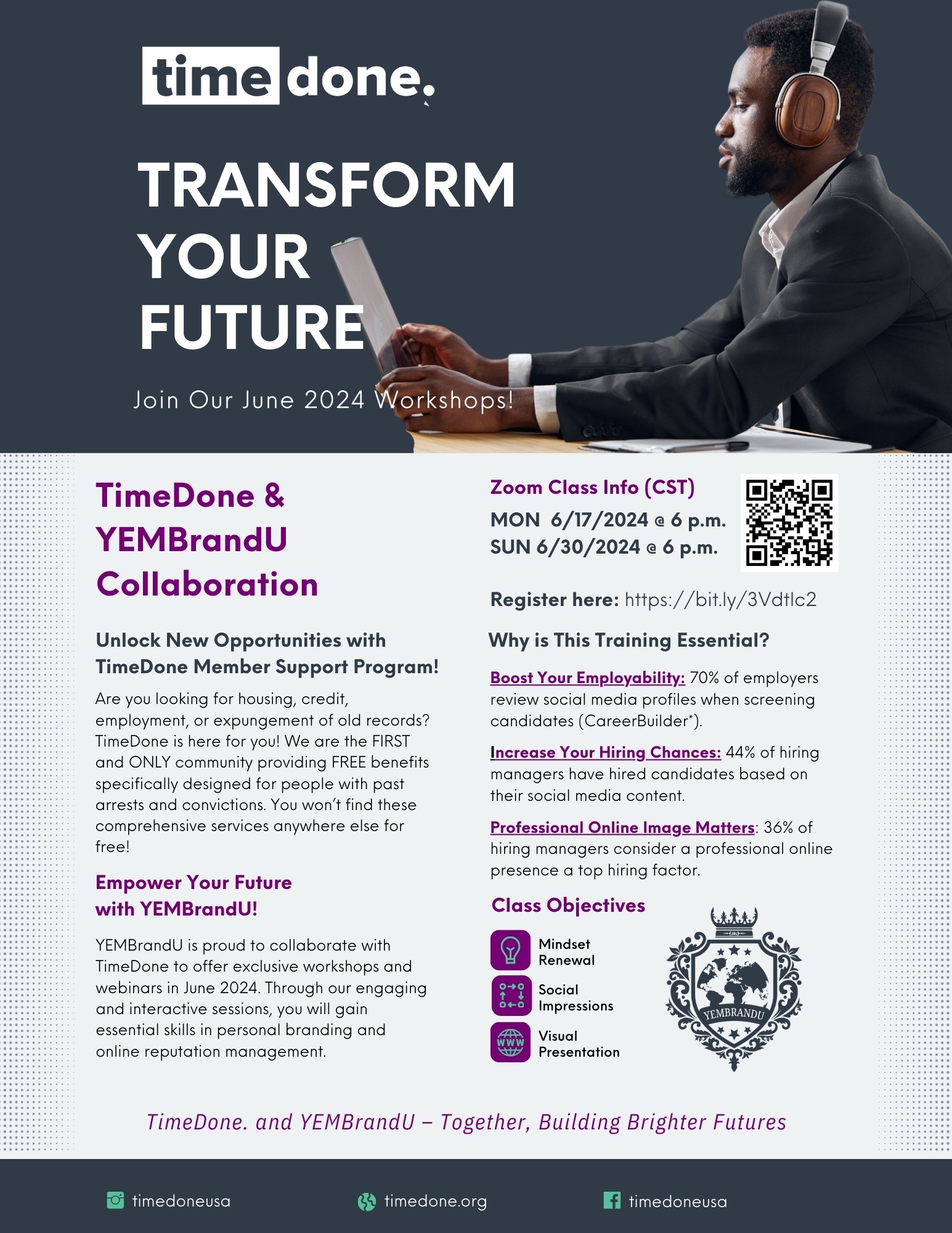 TimeDone and YEMBrandU 2024 workshop collaboration flyer